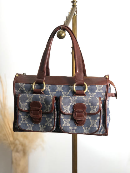 CELINE Paris Macadam Double Pocket Handbag Navy Vintage sh5hjs