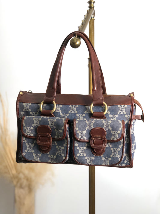 CELINE Paris Macadam Double Pocket Handbag Navy Vintage sh5hjs