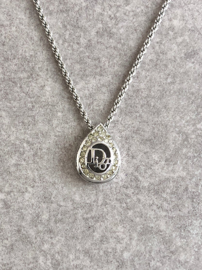 Christian Dior Logo Rhinestone Necklace Silver Vintage p8mj87