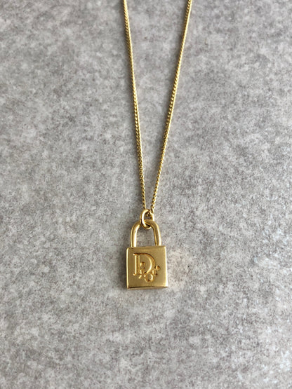 Christian Dior Logo Padlock Necklace Gold Vintage ku5yt7