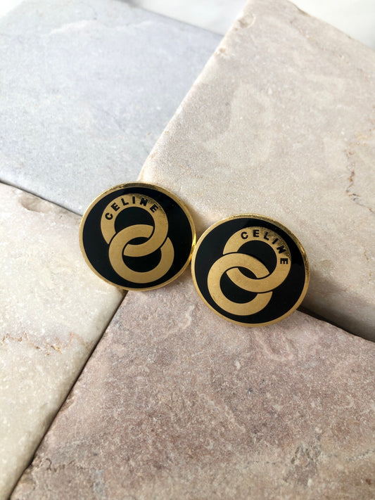 CELINE Circle Logo Earrings Gold×Black Vintage cezhd3