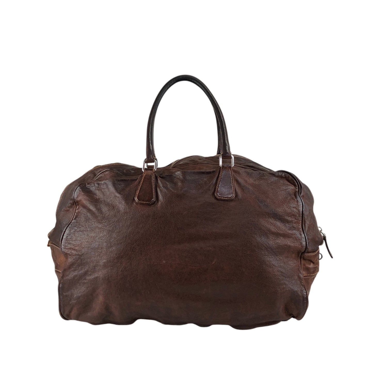 PRADA Triangle Logo Handbag Boston bag Washed leather Brown Vintage 2umzpg