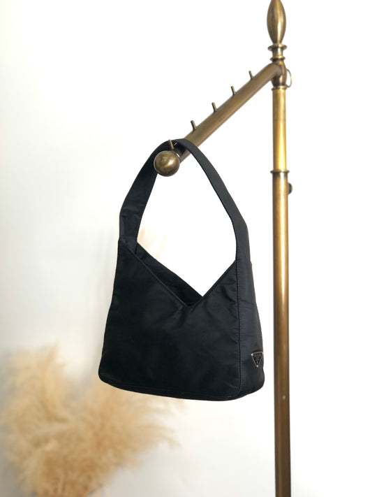PRADA Tessuto Triangle Logo Small Handbag Black Vintage 5aczat