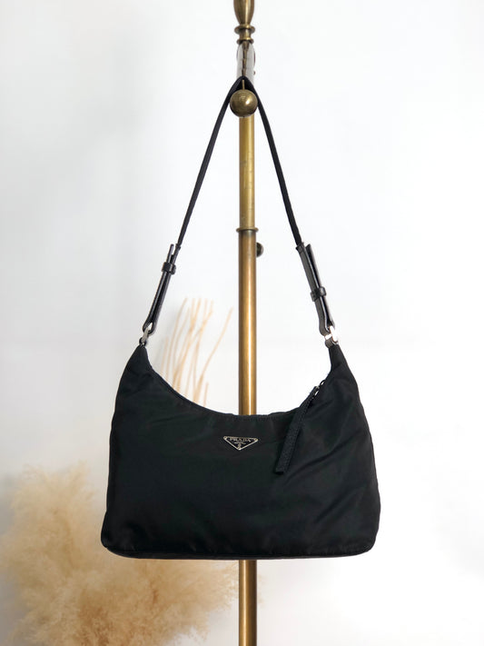 PRADA Tessuto Triangle Logo Shoulder bag Hobobag Black Vintage psffyn