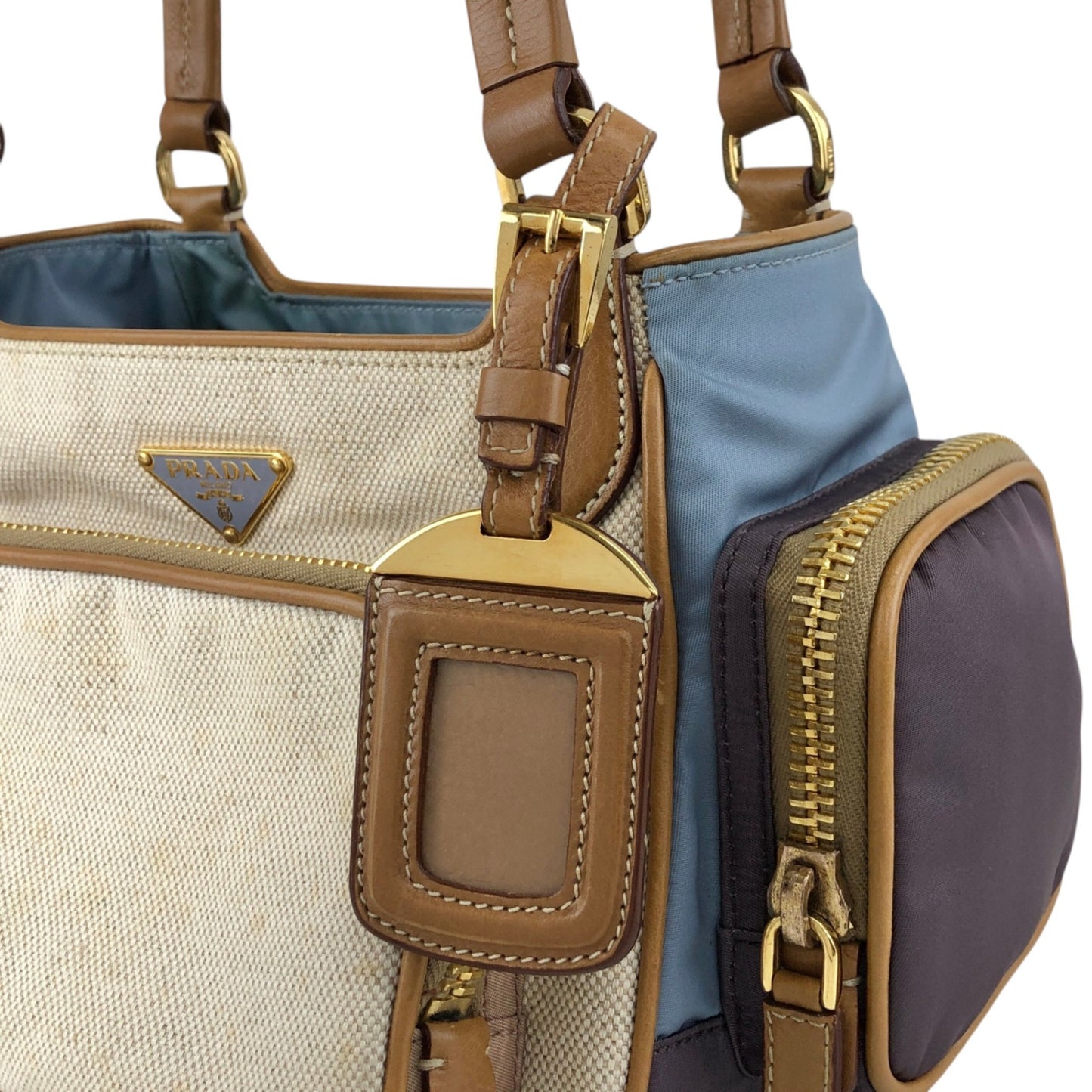 PRADA Triangle Logo Multi Pocket Handbag Totebag Beige×Blue Vintage fkki3a