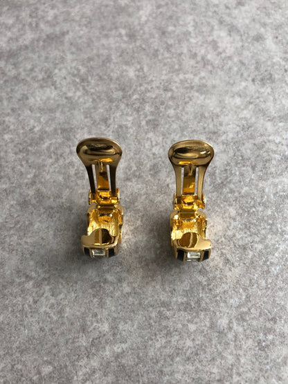 Christian Dior Rhinestone Earrings Gold×Black Vintage puchn3