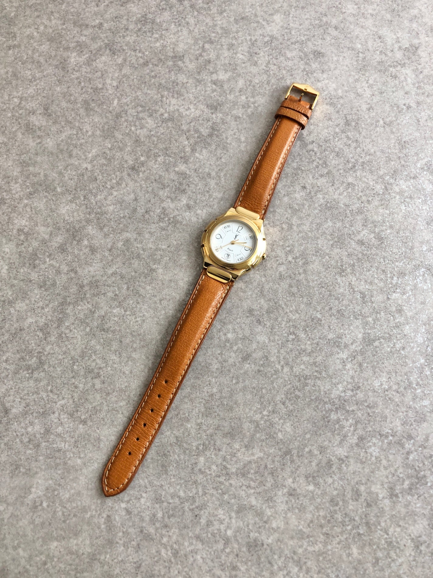 Yves Saint Laurent YSL Logo Quartz Watch Gold×Brown 518731 Vintage mmjgay