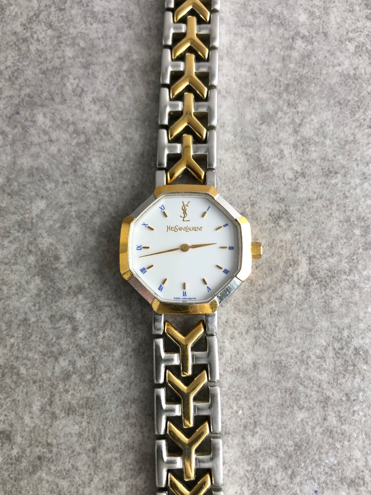 Yves Saint Laurent YSL Logo Octagon Quartz Watch Silver×Gold 2200-226313 Vintage famare
