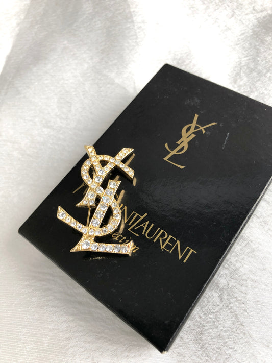Yves Saint Laurent YSL Logo Rhinestone Brooch Gold Vintage 6w4tg3
