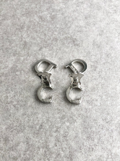 Christian Dior CD Logo Rhinestone Earrings Silver Vintage ztahea
