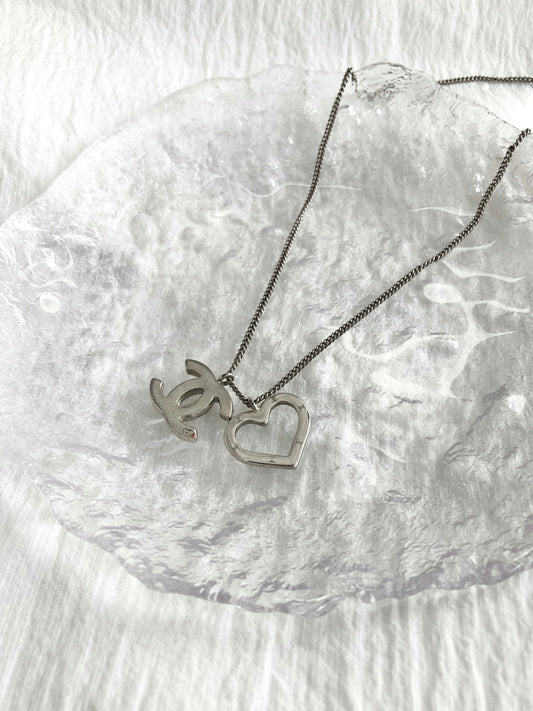 CHANEL Coco Mark Heart Necklace Silver Vintage 42pcps