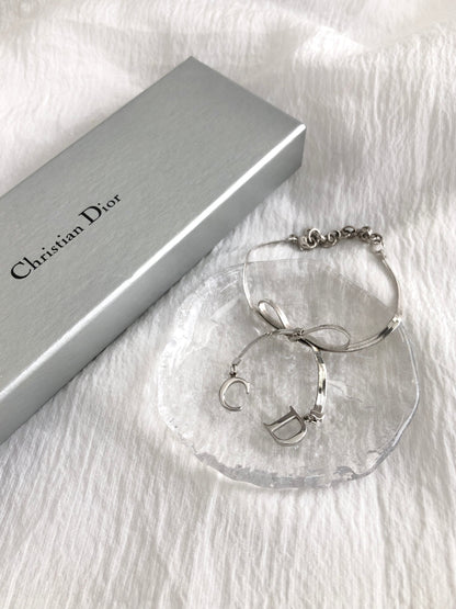 Christian Dior CD Logo Ribbon Bracelet Silver Vintage kkme85