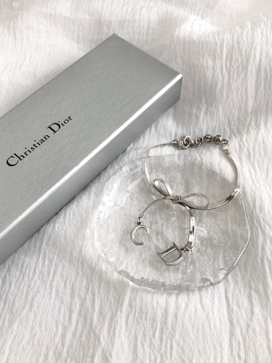 Christian Dior CD Logo Ribbon Bracelet Silver Vintage kkme85