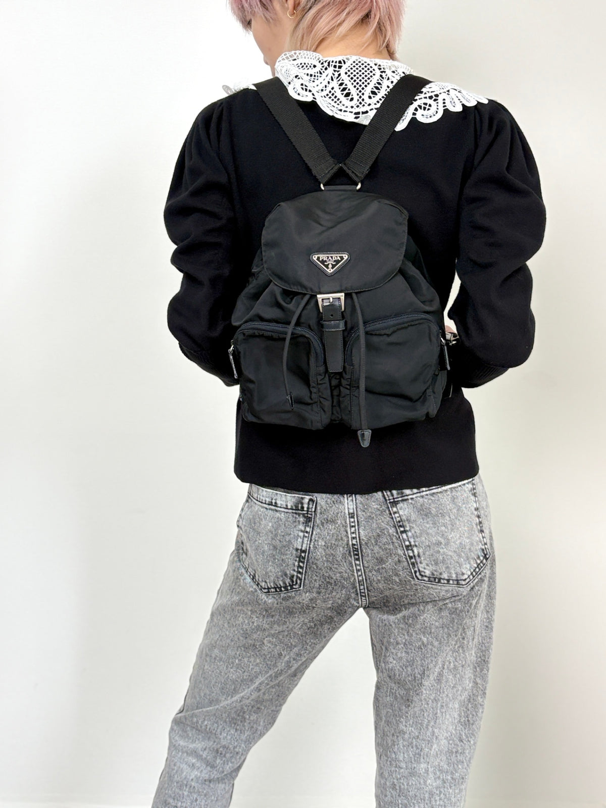 PRADA Tessuto Triangle Logo Double Pocket Backpack Black Vintage hspzjr