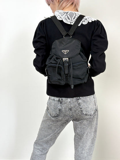 PRADA Tessuto Triangle Logo Double Pocket Backpack Black Vintage hspzjr