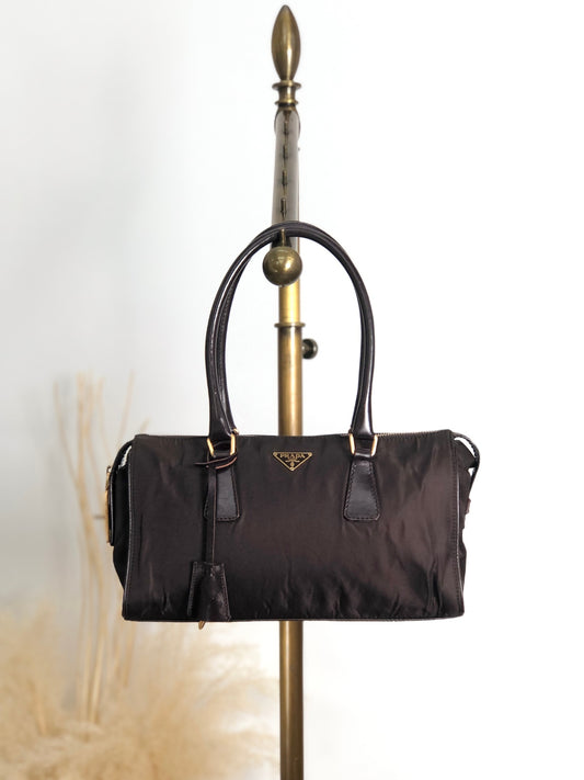 PRADA Tessuto Triangle Logo Small Boston bag Handbag Brown Vintage jaa3i4