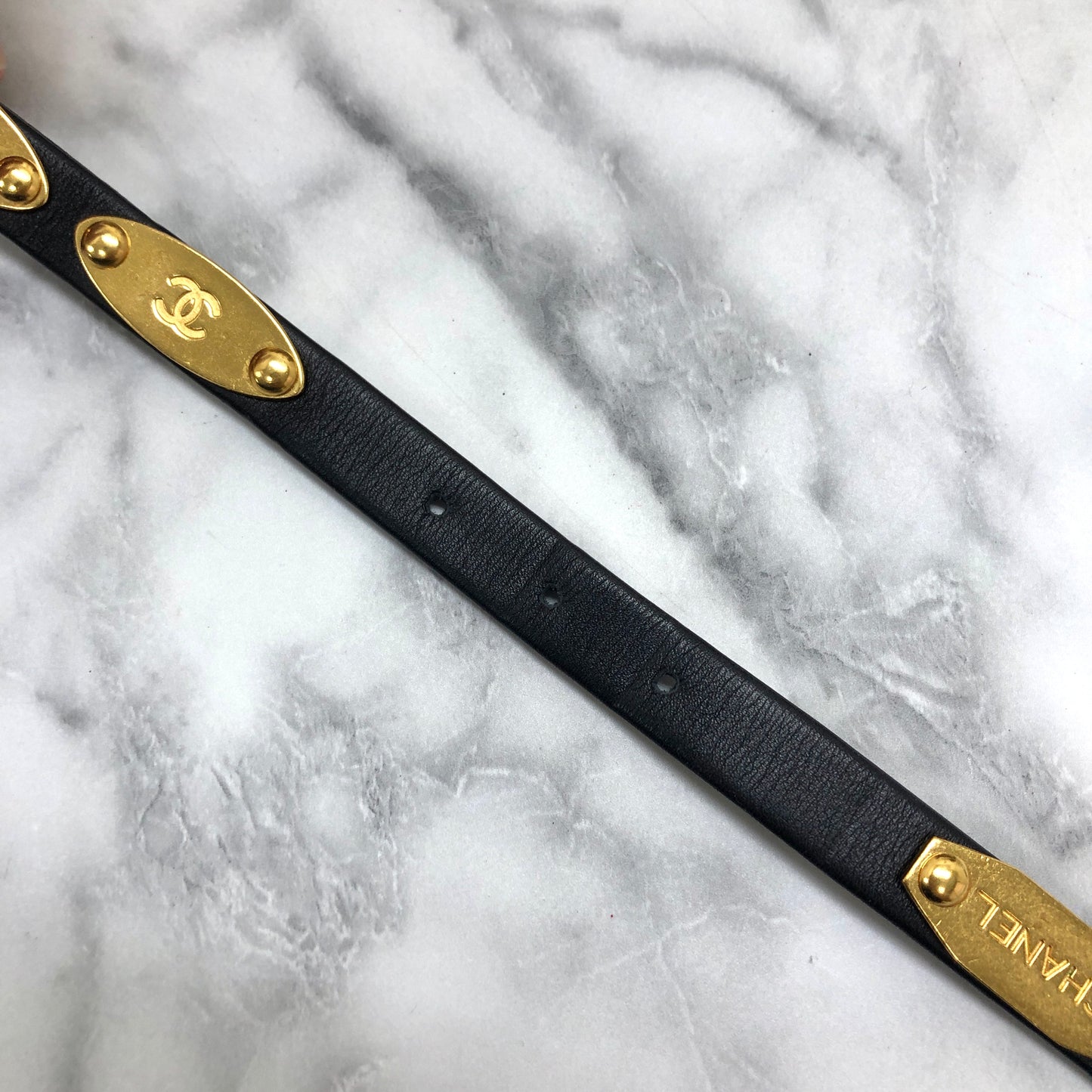 CHANEL Coco Mark Iconic Logo Motifs Leather Belt Black Gold Vintage 6u7wte