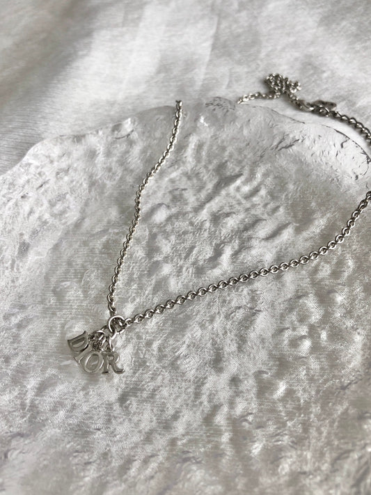 Christian Dior Logo Motif Necklace Silver Vintage 25hunz