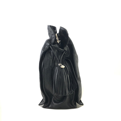 LOEWE Anagram Logo Motif Embossed Tassel Leather Drawstring Shoulder bag Black Vintage xpf265