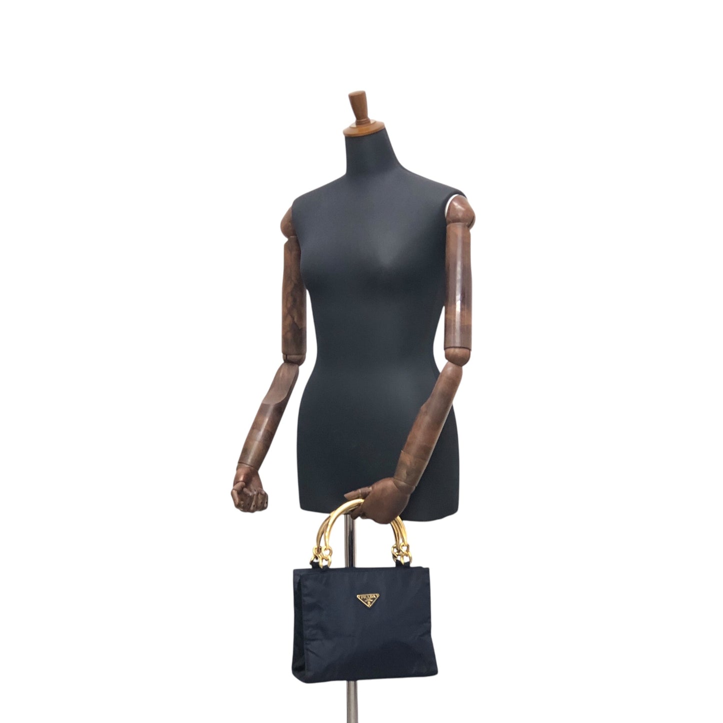 PRADA Triangle Logo Metal Handle Handbag Navy Vintage 5c4zz4