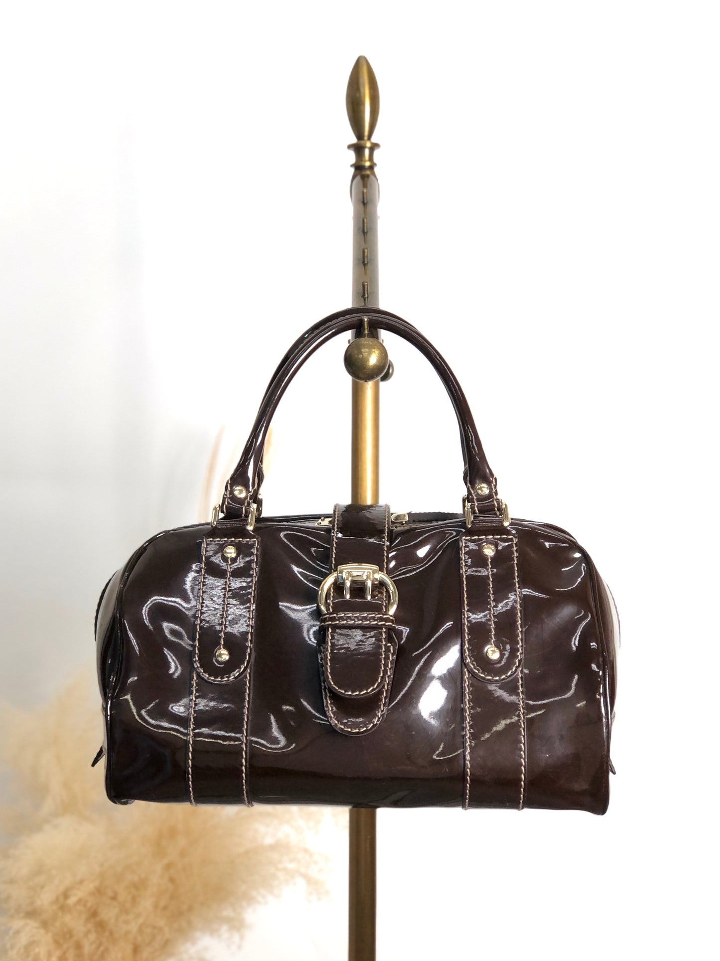 GUCCI Ribbon Motif Belt Handbag Boston bag Brown Vintage dan4kc