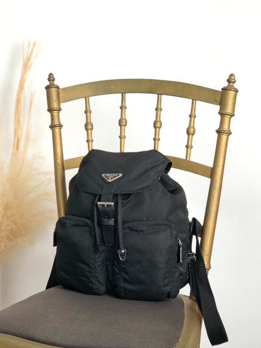 PRADA Tessuto Triangle Logo Double Pocket Backpack Black Vintage hspzjr