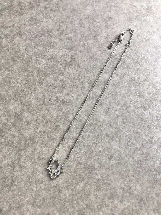 Christian Dior Logo Motif Rhinestone Necklace Silver Vintage zemmc7