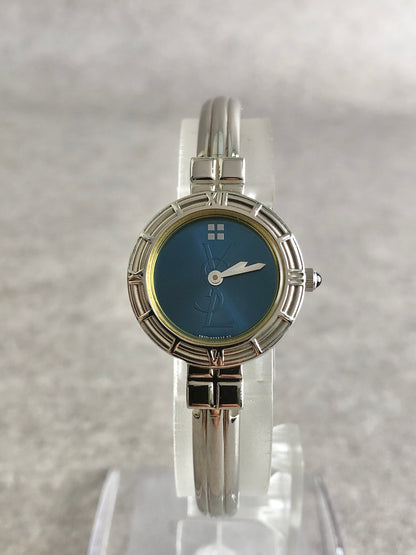 Yves Saint Laurent YSL Logo Quartz Watch Silver×Blue 5920-H15432 Vintage b3tud4