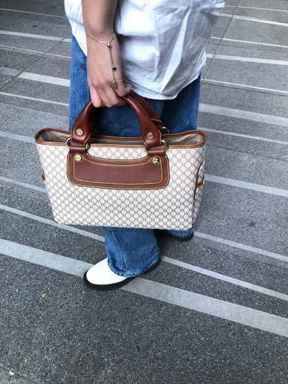 CELINE Macadam Canvas Leather Handbag Beige Vintage ybm6xd