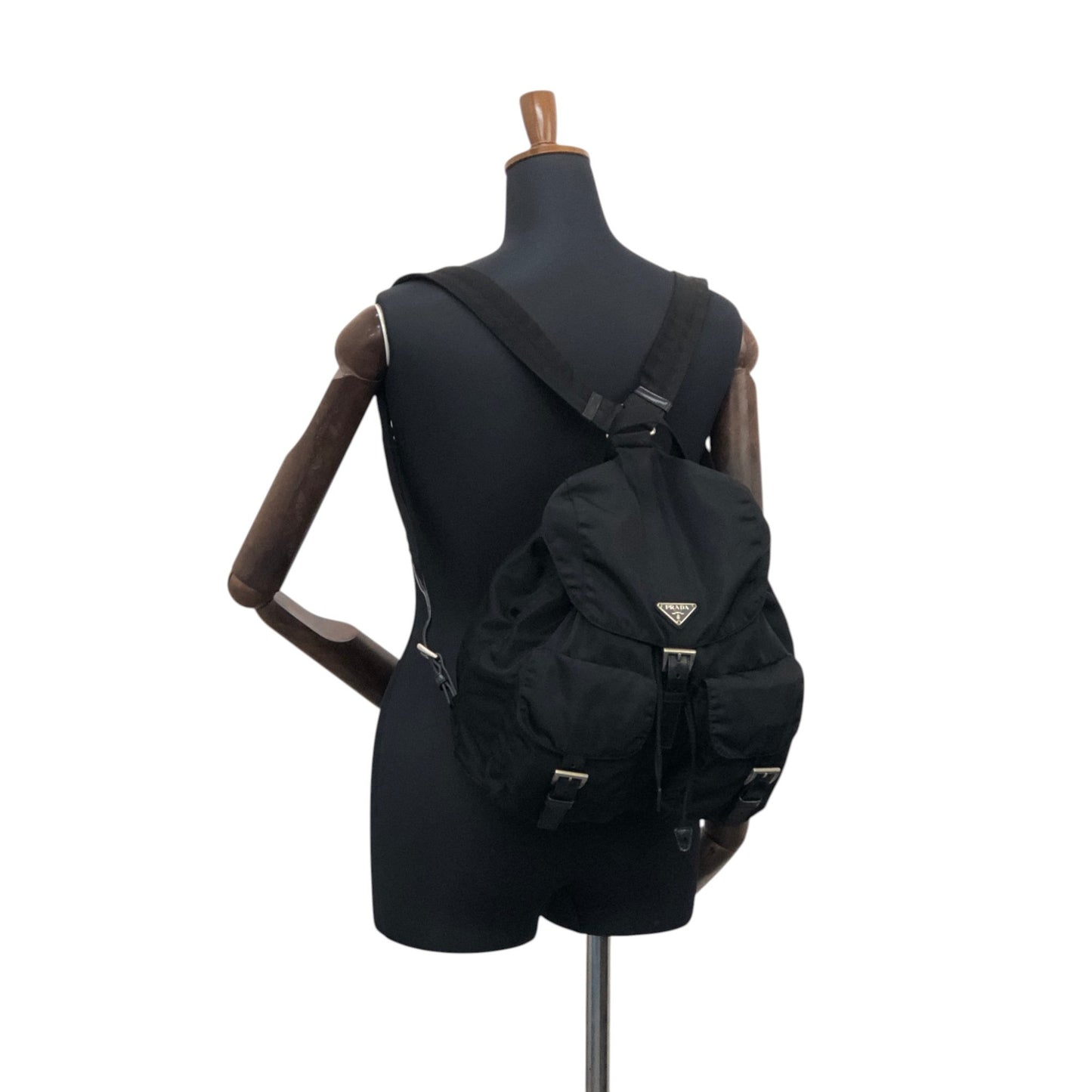PRADA Tessuto Triangle Logo Front Buckle Double Pocket Backpack Black Vintage mkvbvj
