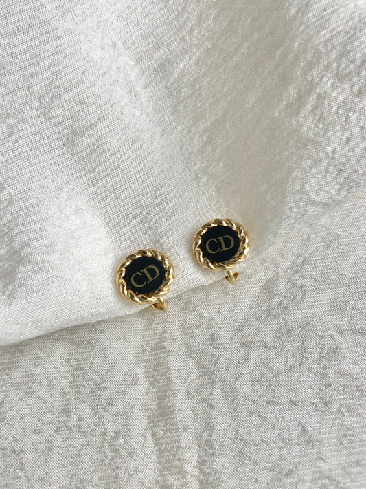 Christian Dior CD Logo Earrings Gold×Black Vintage nfxsbp