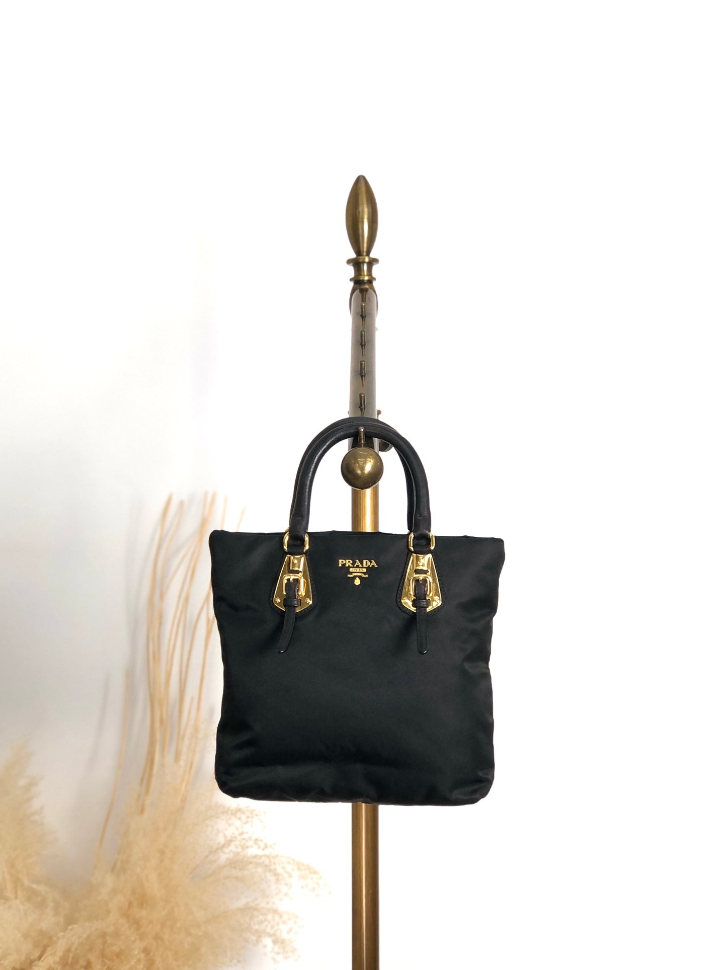 PRADA Logo Front Buckle Handbag Black Vintage rm4ygr