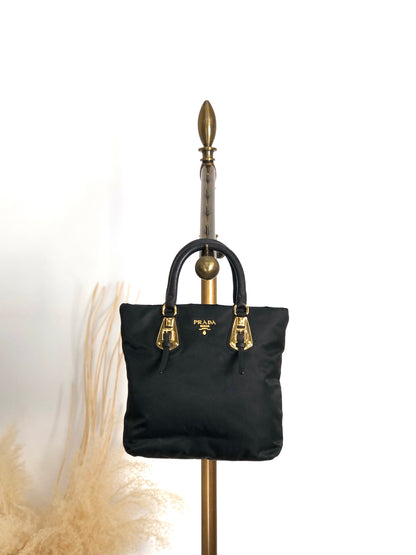 PRADA Logo Front Buckle Handbag Black Vintage rm4ygr