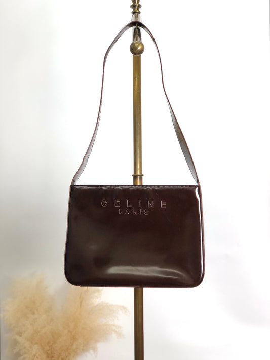 CELINE Logo Embossed Shoulder bag Brown Vintage e4mff8