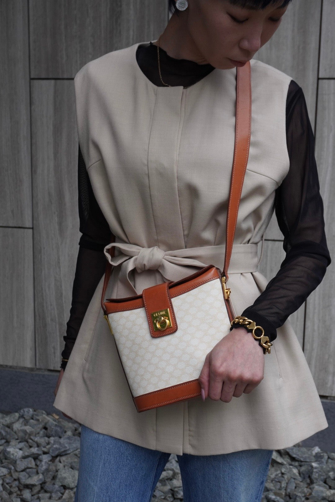 CELINE Macadam Gancini Shoulder bag White×Brown Vintage gt3h8m