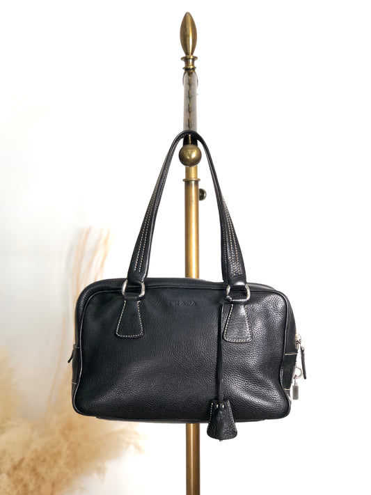 PRADA Logo Embossed Small Boston bag Handbag Black Vintage wuztbm