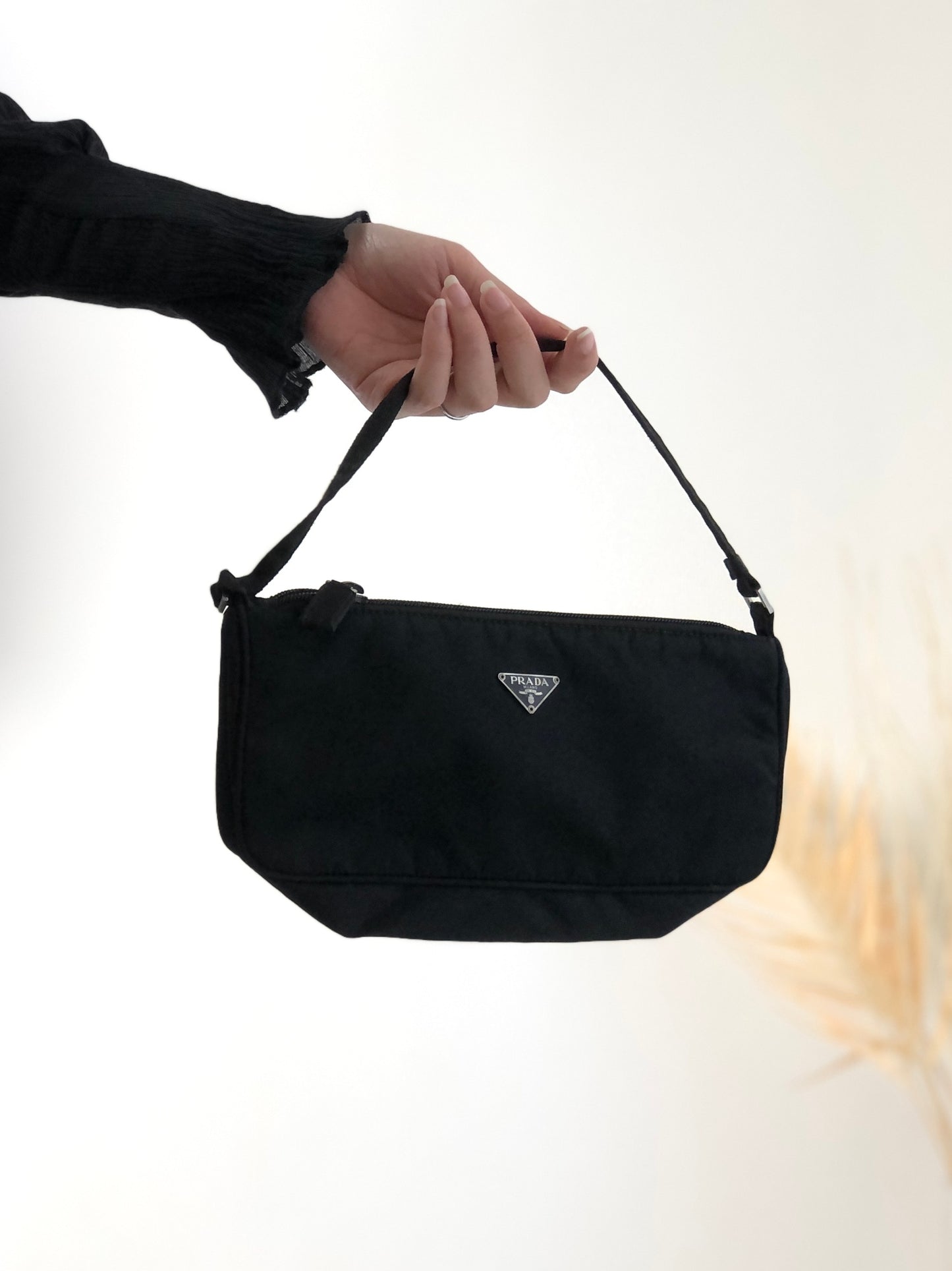 PRADA Triangle Logo  Nylon Small Handbag Black Vintage rvmzry