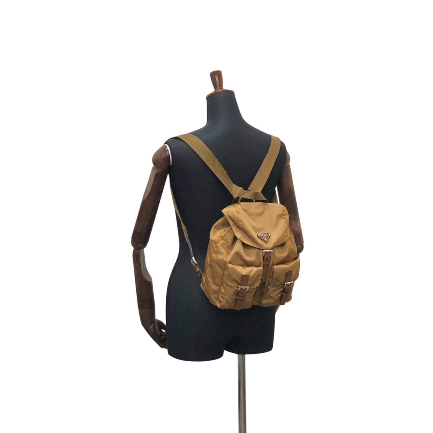 PRADA Tessuto Triangle Logo Double Pocket Backpack Beige Vintage rb8azz