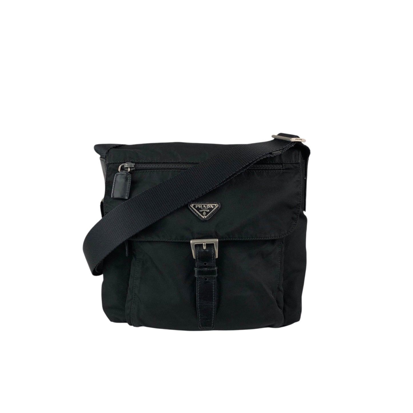 PRADA Tessuto Triangle Logo Front Buckle Shoulder bag Black Vintage dh6ap8