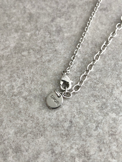 Christian Dior CD Logo Rhinestone Necklace Silver Vintage m3in4a