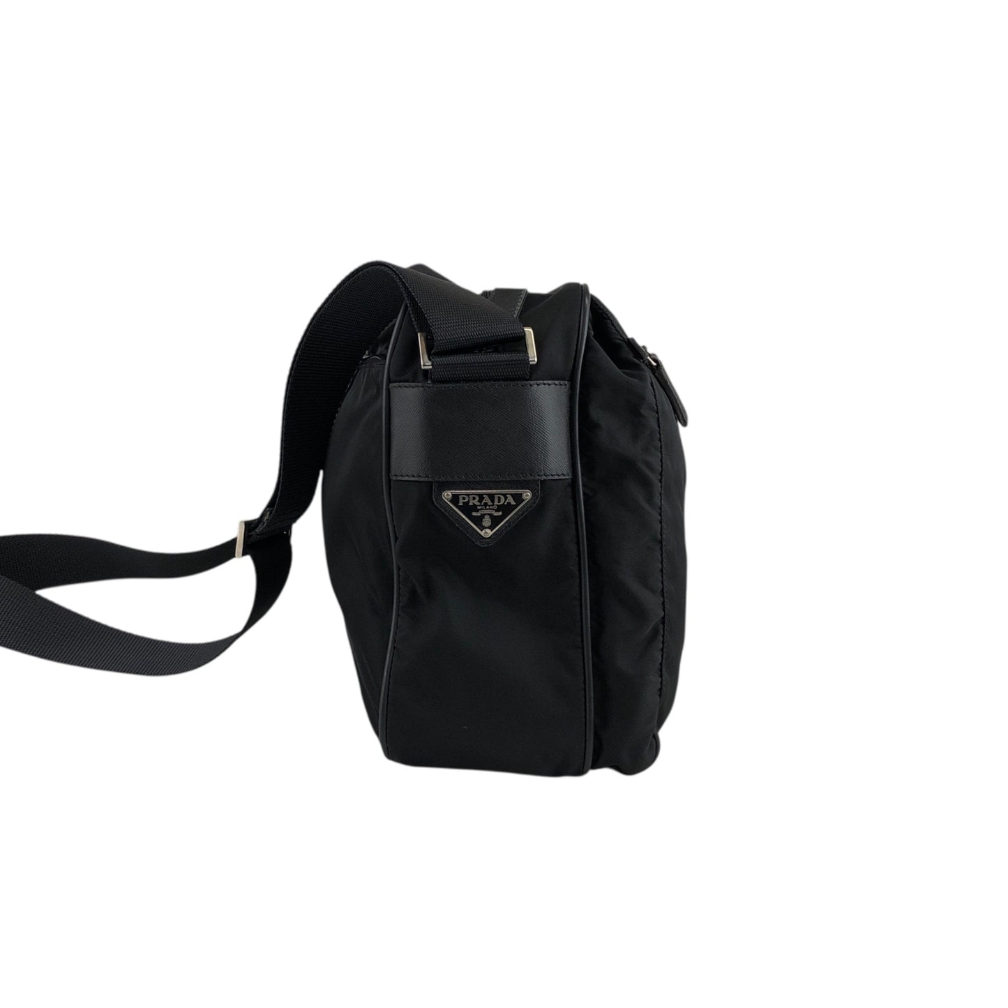 PRADA 三角形標誌雙口袋單肩包 黑色復古 nmgd27