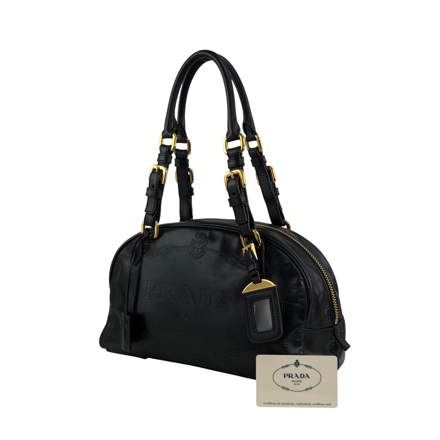 PRADA Logo Embossed Handbag Boston bag Black Vintage nvtnhw