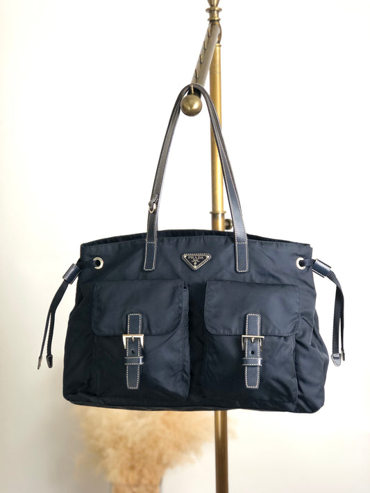 PRADA Tessuto Triangle Logo Double Pocket Totebag Navy Vintage 8ka5ea