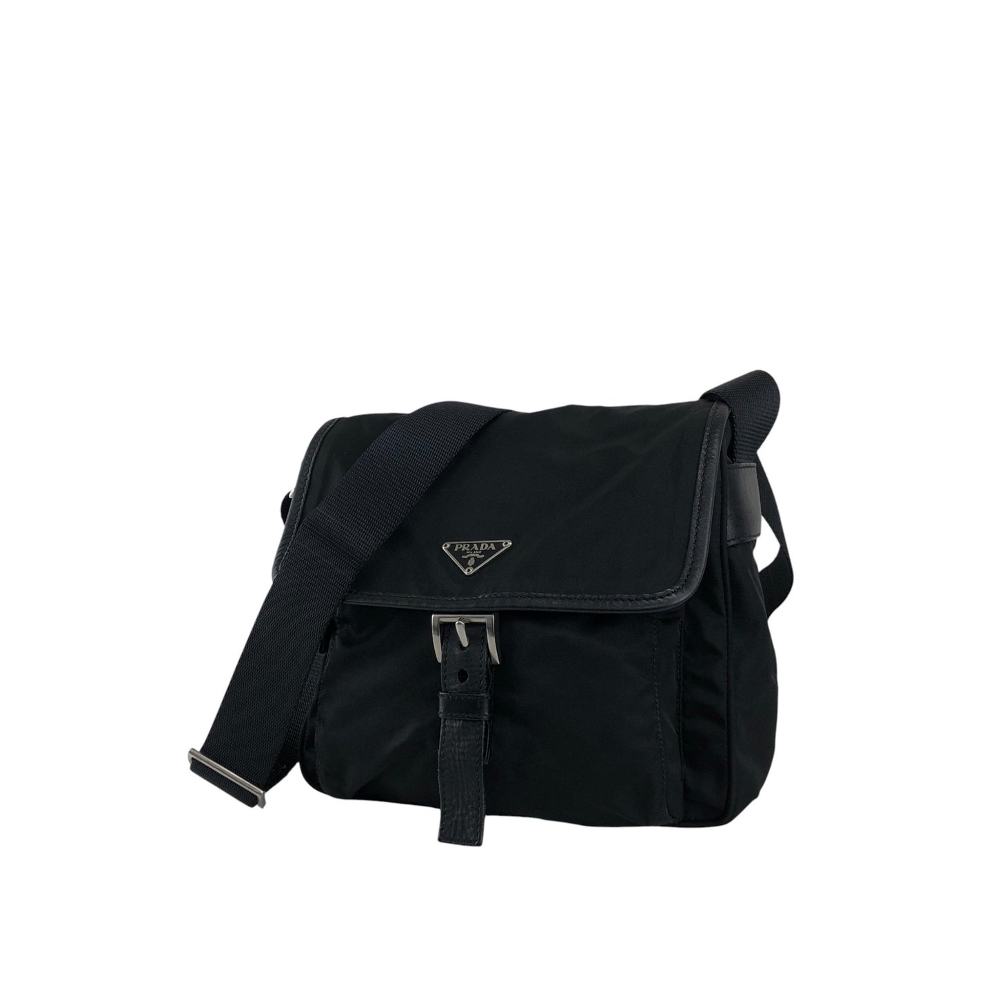 PRADA Tessuto Triangle Logo Front Buckle Shoulder bag Black Vintage kyt5ds
