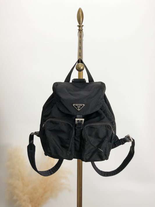 PRADA Triangle Logo Double Pocket Backpack Black Vintage yihcyk