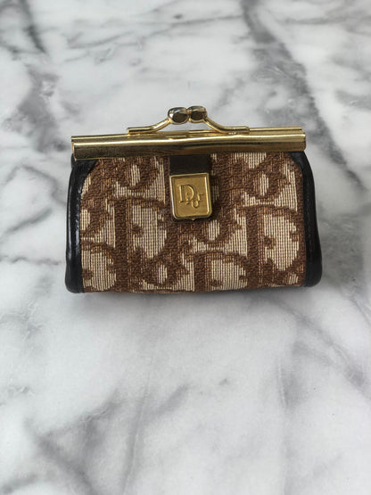 Christian Dior Trotter Jacquard Leather Metal Clasp Coin Purse Brown Vintage mcrrev