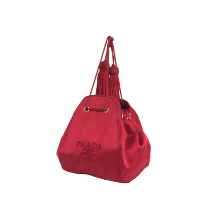 PRADA Logo Embroidery Satin Drawstring Mini Handbag Red Vintage e2mrt5