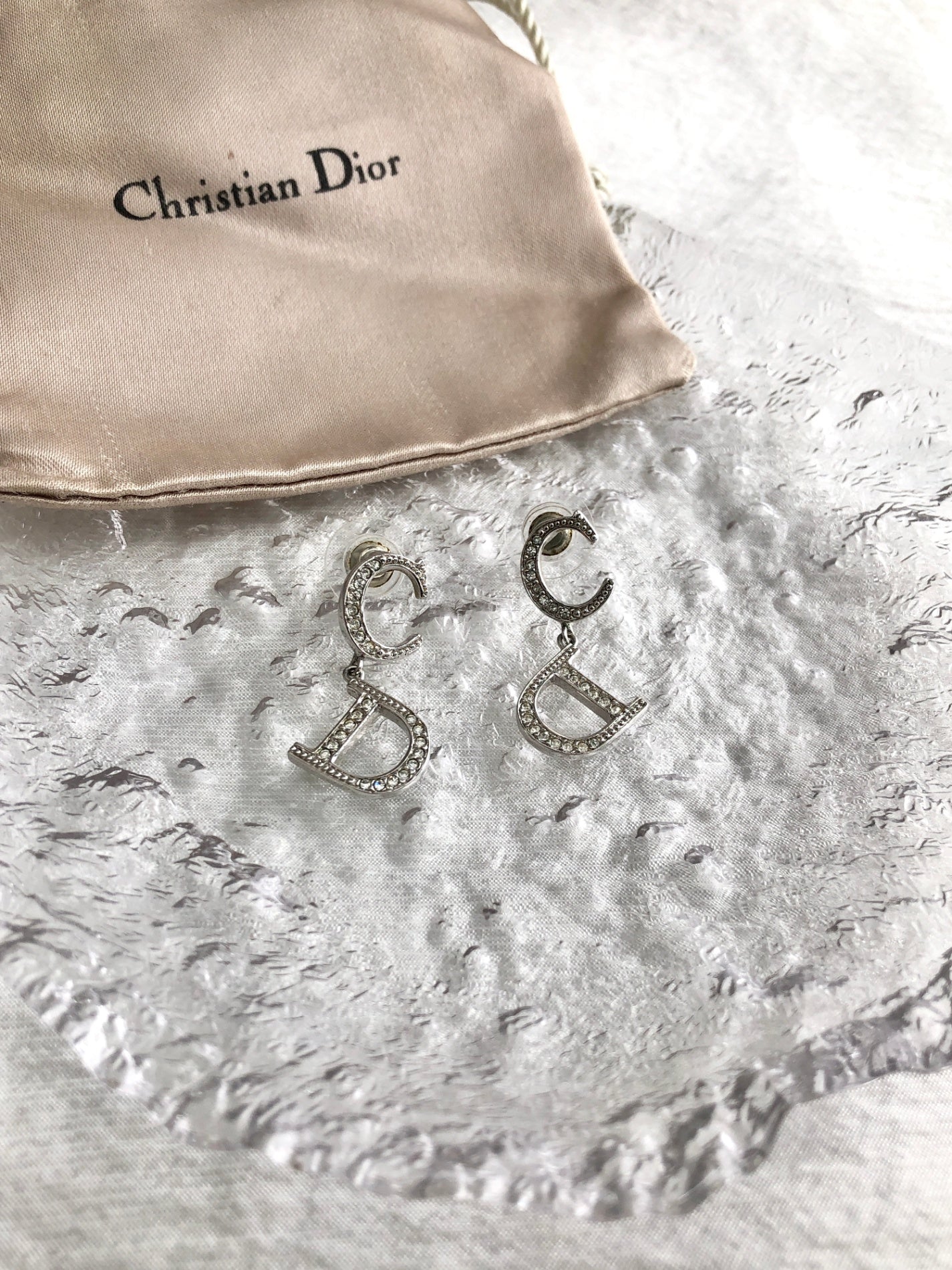 Christian Dior CD Logo Rhinestone Pierced Silver Vintage tm6szb