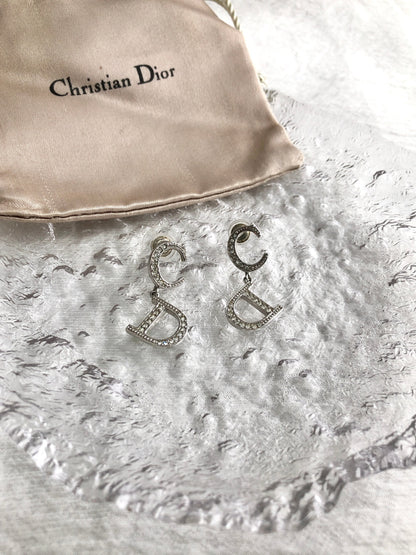 Christian Dior CD Logo Rhinestone Pierced Silver Vintage tm6szb