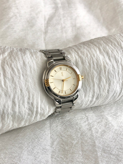 Yves Saint Laurent YSL Logo Quartz Watch Silver 6031-G11246 Vintage vcrgf8